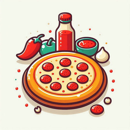 Pizza with pepperoni and tomato sauce. Vector illustration in cartoon style.のイラスト素材