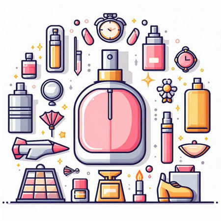 Perfume flat line icons set. Vector illustration of cosmetics, perfumes, perfume bottles, beauty products, perfumes.のイラスト素材