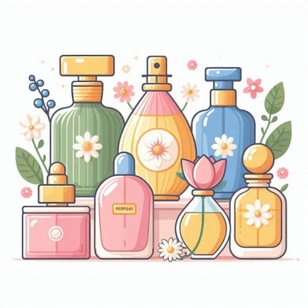 Cosmetics bottles with flowers and leaves. Vector illustration in cartoon style.のイラスト素材