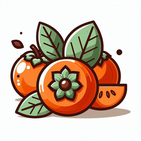 Ripe persimmon fruit with green leaves. Vector illustration.のイラスト素材