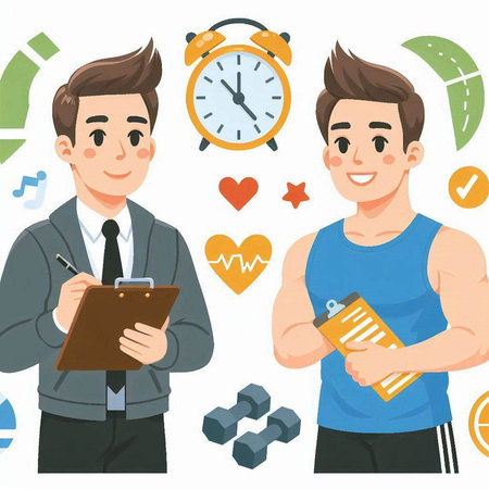 Young man in business suit writing on clipboard. Vector illustration in cartoon style.のイラスト素材