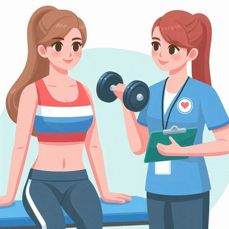 Illustration of a female physiotherapist working with a young female patientのイラスト素材