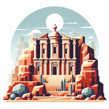 Egyptian temple in the mountains of Egypt. Vector illustration in retro styleのイラスト素材