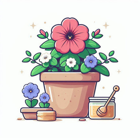 Flower pot with honey and honey dipper. Vector illustration.のイラスト素材