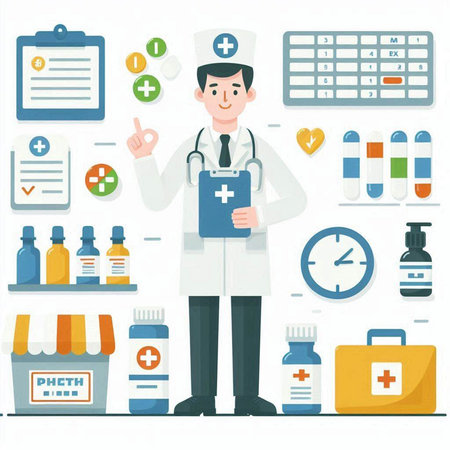 Doctor with stethoscope and medical supplies. Flat design vector illustration.のイラスト素材