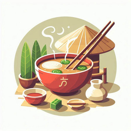 Japanese cuisine. Vector illustration of japanese soup in a bowl.のイラスト素材