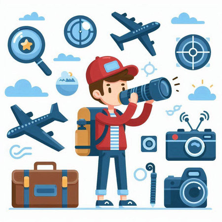 Photographer and travel icons set. Vector illustration in flat style.のイラスト素材