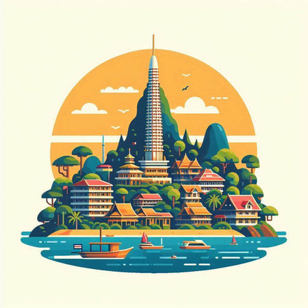 Buddhist temple in the middle of the sea. Vector illustration.のイラスト素材