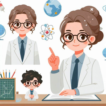 Scientist cartoon characters vector illustration. Man and woman in white lab coat and eyeglasses, teacher and student, teacher and student. Science and education concept.のイラスト素材