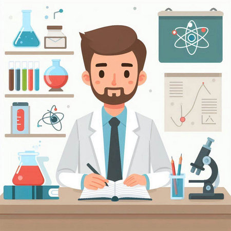 Scientist working in laboratory. Vector illustration of a scientist working in a laboratory.のイラスト素材