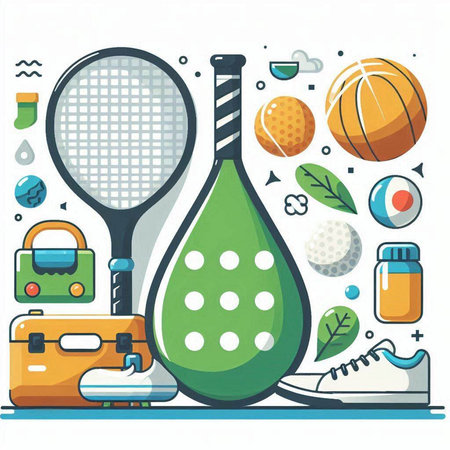 Vector illustration of sport equipment. Tennis racket, ball, tennis racket, sneakers, bag, tennis racket, ball, water drops.のイラスト素材
