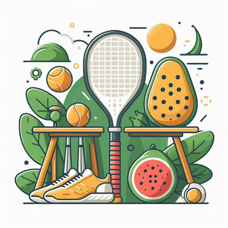 Vector line art flat design illustration of sport equipment. Tennis racket, ball, tennis racket, sneakers, watermelon.のイラスト素材