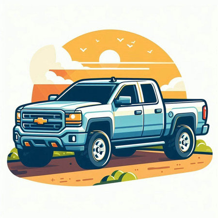 Vector illustration of off-road pickup truck on the background of the sunset.のイラスト素材