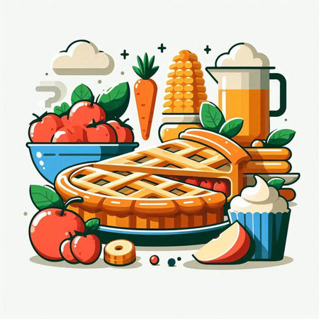 Vector illustration of apple pie with ingredients. Healthy food concept. Colorful flat style.のイラスト素材
