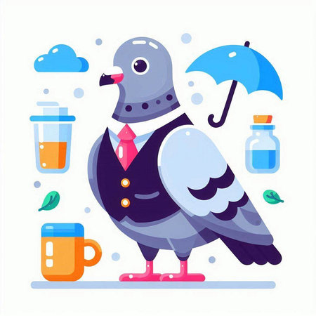 Pigeon in business suit with umbrella. Flat vector illustration.のイラスト素材