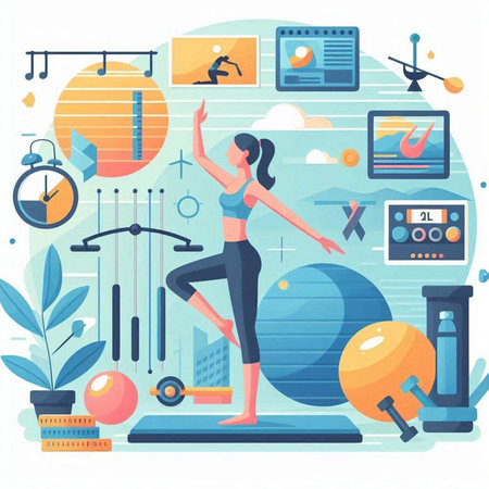 Fitness and healthy lifestyle flat vector illustration. Woman doing yoga exercises in gym.のイラスト素材