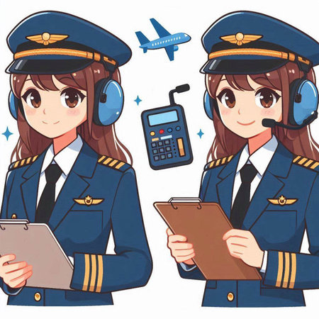 Airline pilot and stewardess with clipboard and calculator. Vector illustration.のイラスト素材
