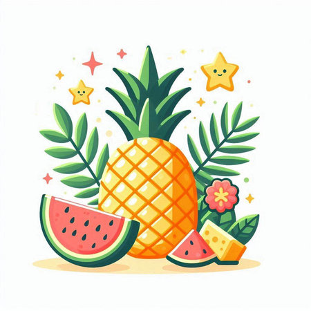 Pineapple and watermelon in flat style. Summer fruit vector illustration.のイラスト素材