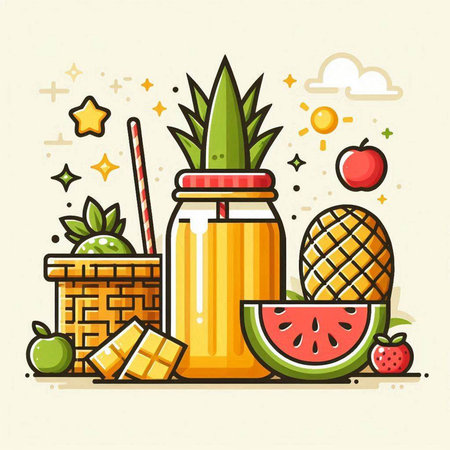 Fruit smoothie in glass jar with straw, apple, watermelon, pineapple. Vector illustration.のイラスト素材