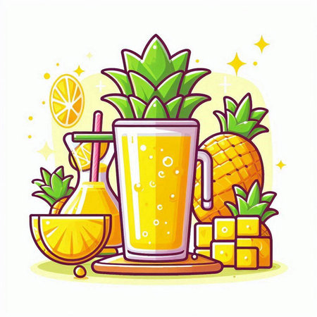 Pineapple juice in a glass with a straw. Vector illustration.のイラスト素材