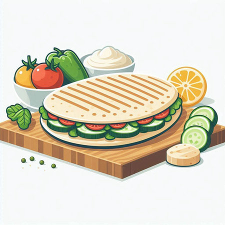 Illustration of a sandwich with vegetables on a wooden cutting board.のイラスト素材
