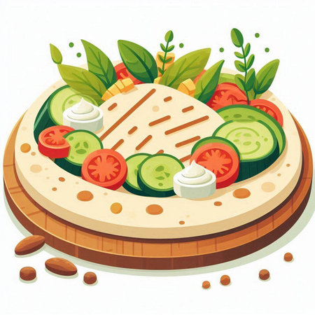 Illustration of a pizza on a round wooden board with vegetables.のイラスト素材