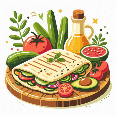 Mexican tortilla with avocado, tomato, cucumber and sauce. Vector illustrationのイラスト素材
