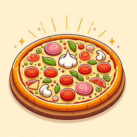 Pizza with tomatoes, mozzarella and basil. Vector illustrationのイラスト素材