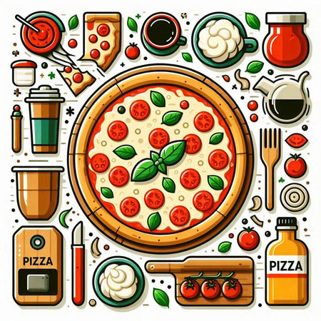 Pizza background with food icons. Vector illustration in flat style.のイラスト素材