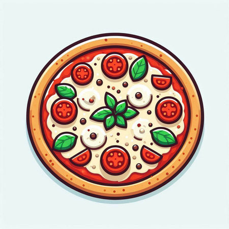 Pizza with mozzarella, tomato and basil. Vector illustration.のイラスト素材