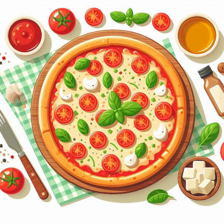 Pizza with mozzarella, tomatoes and basil. Vector illustrationのイラスト素材