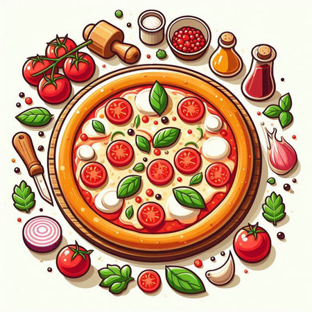 Pizza with mozzarella, tomatoes and basil. Vector illustrationのイラスト素材