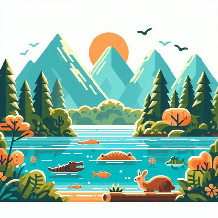 landscape with lake, forest, mountains and animals. Vector illustrationのイラスト素材