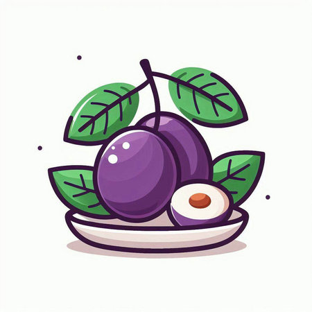 Plum fruit with leaves on plate. Vector illustration in cartoon style.のイラスト素材