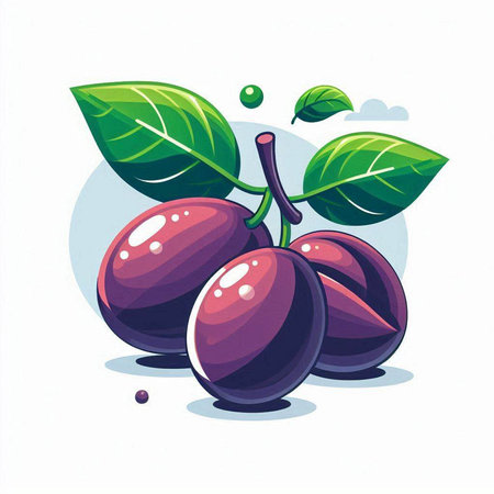 Plum fruits with leaves. Vector illustration isolated on white background.のイラスト素材