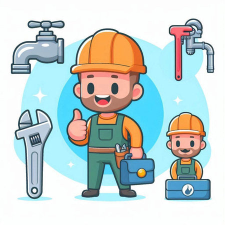 Plumber with tools and equipment. Vector illustration in cartoon style.のイラスト素材