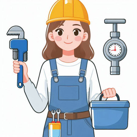 Illustration of a Female Plumber Holding a Wrench and Bucketのイラスト素材