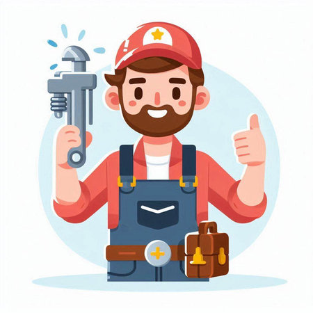Plumber holding wrench and showing thumbs up. Vector illustration in cartoon styleのイラスト素材