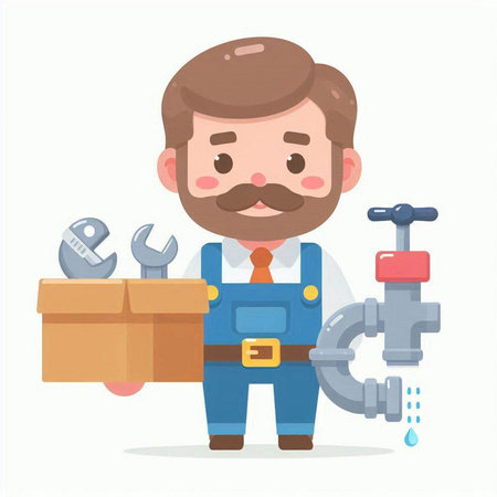 Plumber man with water tap and plumbing tools. Vector illustration.のイラスト素材