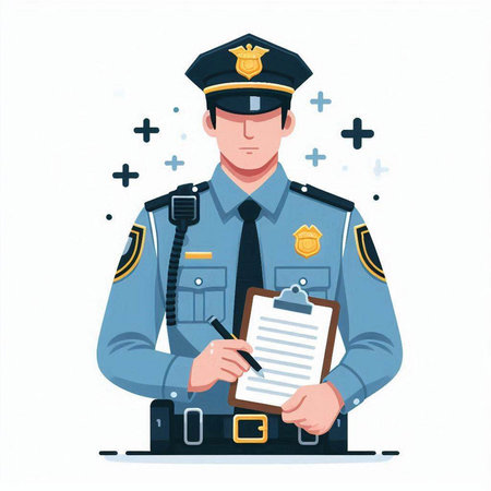Policeman in uniform writing on clipboard. Vector illustration in flat styleのイラスト素材