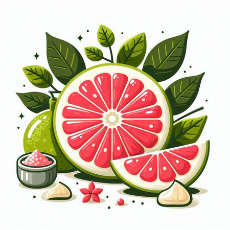 Grapefruit with leaves. Vector illustration isolated on white background.のイラスト素材