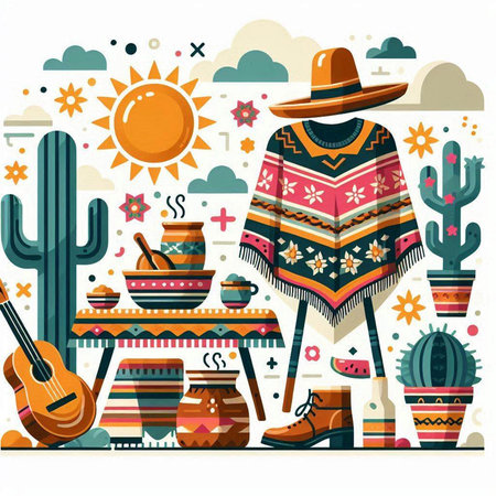 Mexican elements vector illustration in flat style. Cactus, hat, poncho, sombrero, cactus, pot, tequila, tequila, tequila.のイラスト素材