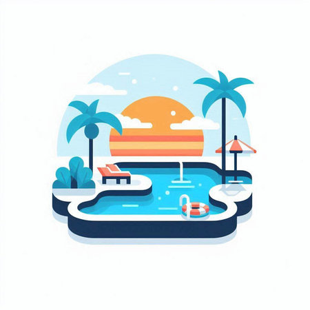 Swimming pool with palm trees and sun. Vector illustration in flat styleのイラスト素材