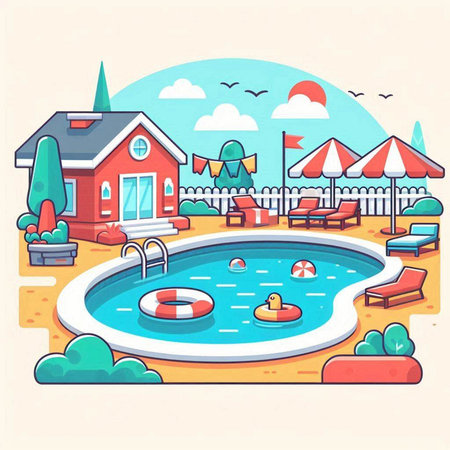 Swimming pool in the park. Vector illustration in cartoon style.のイラスト素材