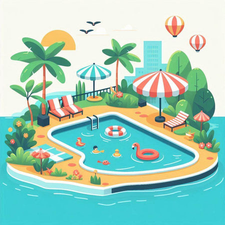 Swimming pool on the island. Vector illustration in flat style.のイラスト素材
