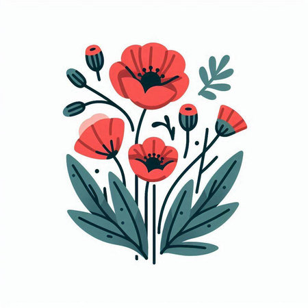 Red poppies with green leaves. Hand drawn vector illustration.のイラスト素材