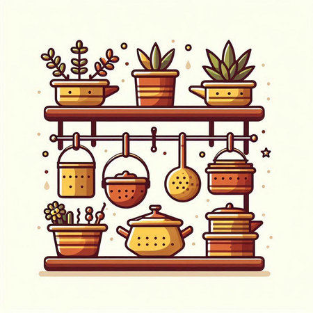 Kitchen shelf with pots and utensils. Vector illustration.のイラスト素材