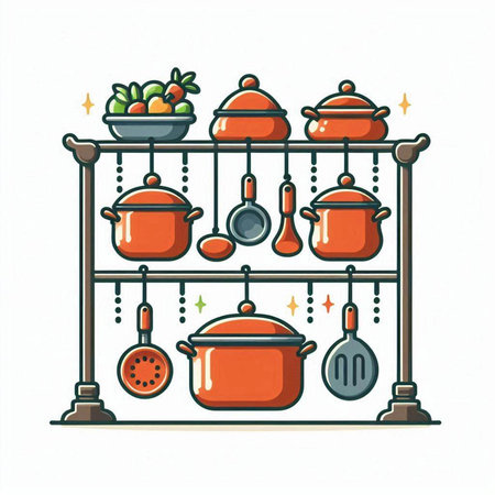 Kitchen utensils on a shelf. Vector illustration in doodle style.のイラスト素材