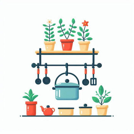 Houseplants in pots on shelf. Flat design vector illustration.のイラスト素材