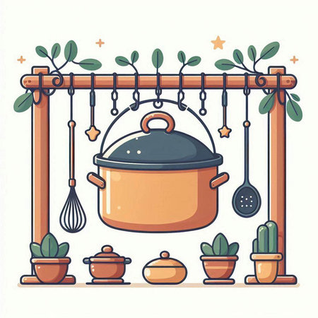 Illustration of a cooking pot on a wooden rack. Vector illustration.のイラスト素材